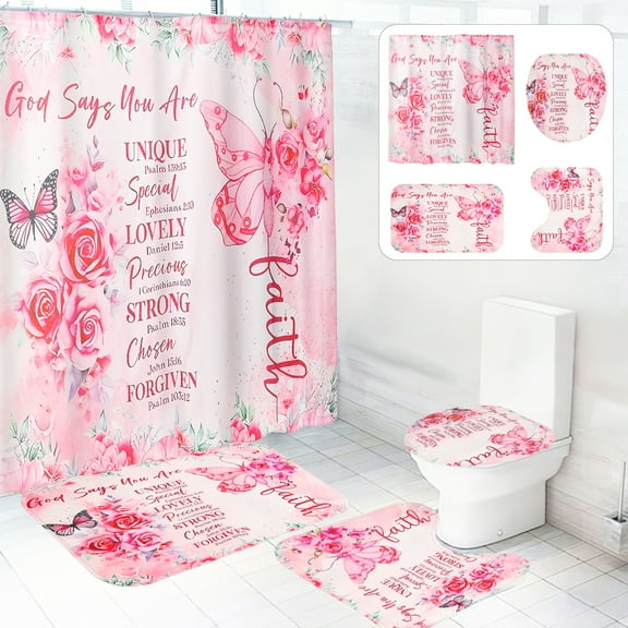 Dznils Pink Floral Shower Curtain Sets with Rugs, 16pc Butterfly Bathroom Curtain Set, 72" x 72"