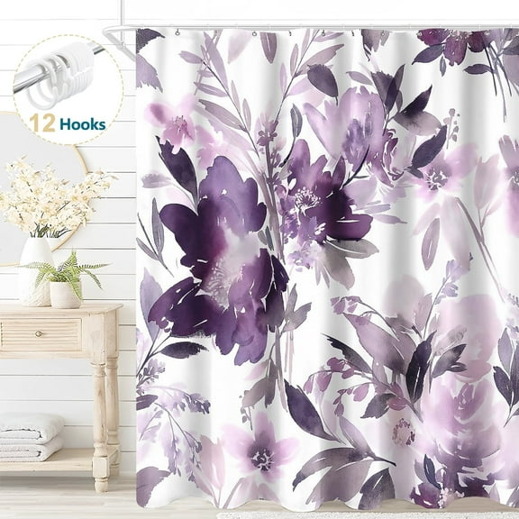 Dznils Purple Floral Fabric Shower Curtain, Modern Watercolor Bathroom Curtain with Hooks, 72" x 72"