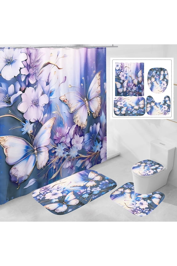 Purple Floral Shower Curtain Sets with Rugs, 16pc Butterfly Bathroom Curtain Set, 72" x 72"