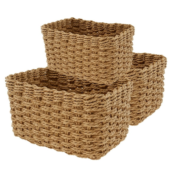 Dznils Rectangle Woven Natural Grass Decorative Storage Basket Set, Brown, 3-Piece