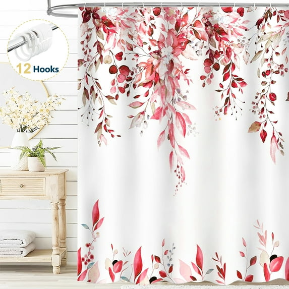 Dznils Red Eucalyptus Fabric Shower Curtain, Watercolor Floral Pattern with Hooks, 72" x 72"