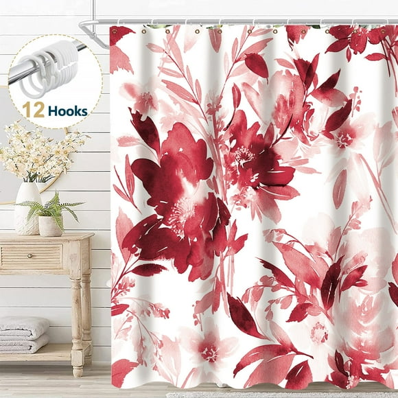 Dznils Red Floral Fabric Shower Curtain, Modern Watercolor Bathroom Curtain with Hooks, 72" x 72"