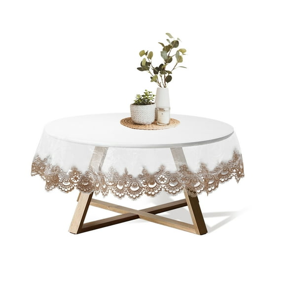 Dznils Round Clear Plastic Tablecloth, Waterproof Lace Table Cover, 51", Coffee