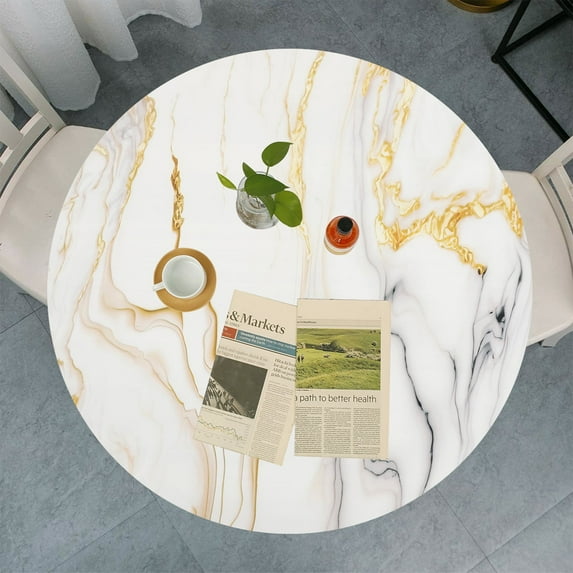 Tzdxfgl Round Vinyl Fitted Tablecloth, Waterproof Elastic Edge Table Cover for 40"-47" Table, White