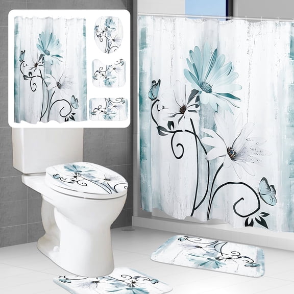 Dznils Rustic Farmhouse Shower Curtain and Rug Set, 16 Pc Teal Daisy Floral Bathroom Set, 72" x 72"
