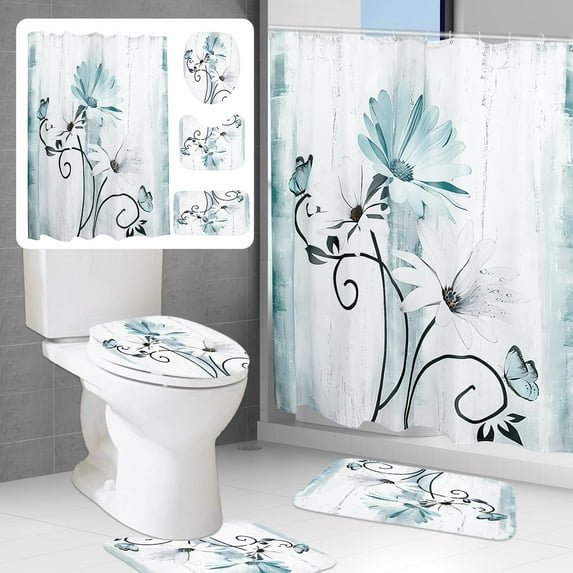 Dznils Rustic Farmhouse Shower Curtain and Rug Set, 16 Pc Teal Daisy Floral Bathroom Set, 72" x 72"