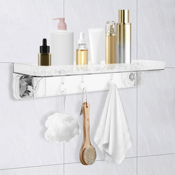Dznils Shower Caddy Shelf Organizer, Suction Cup Bathroom Organizers Basket with 4 Hooks