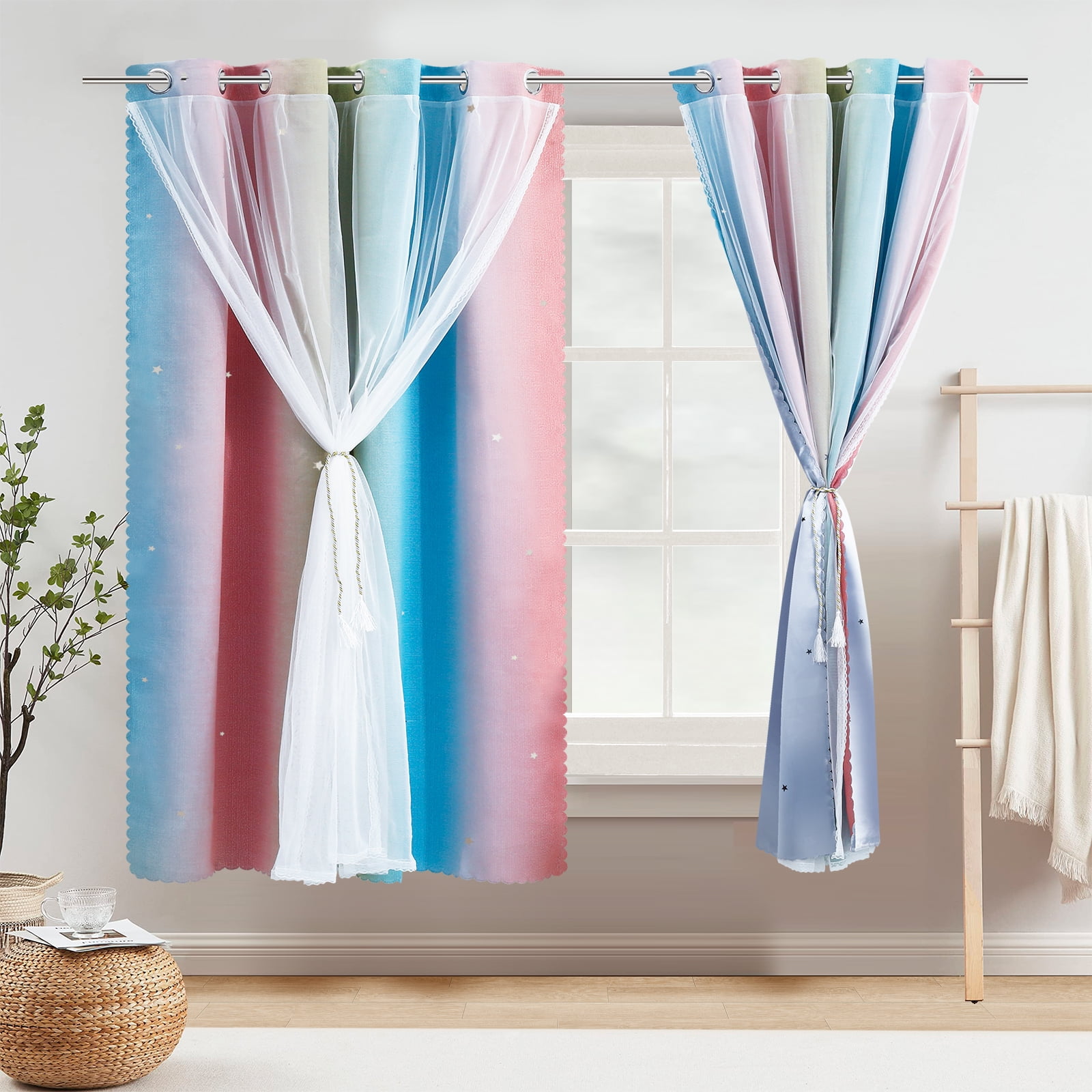 Dznils Star Ombre Printed Grommet Sheer Blackout Curtain Panel Set, 4 Piece, Pink, 52" W x 63" L