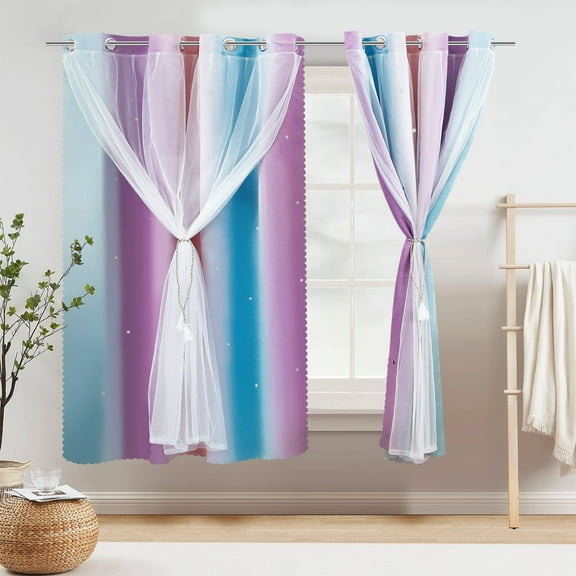 Dznils Star Ombre Printed Grommet Sheer Blackout Curtain Panel Set, 4 Piece, Purple, 52" W x 63" L