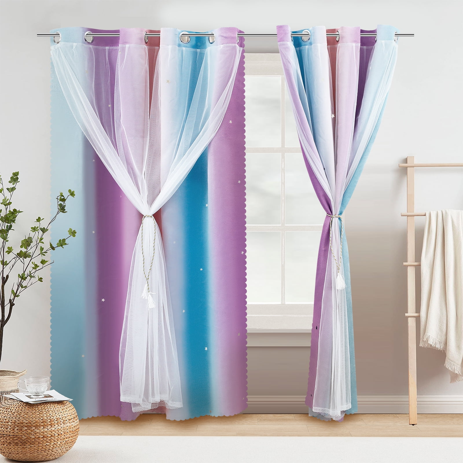 Dznils Star Ombre Printed Grommet Sheer Blackout Curtain Panel Set, 4 Piece, Purple, 52" W x 72" L