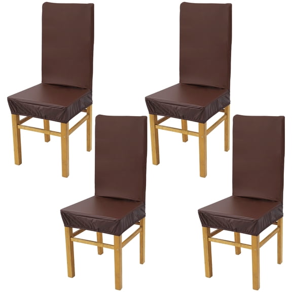 Dznils Stretch PU Brown Chair Covers for Dining Room, Waterproof Chair Protector Slipcovers, 4 Pack