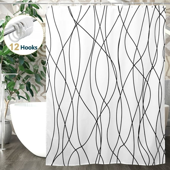 Dznils Striped Fabric Shower Curtain, Black and White Modern Minimalist with Hooks, 72" x 72"