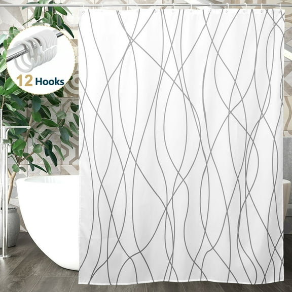 Dznils Striped Fabric Shower Curtain, Gray and White Modern Minimalist with Hooks, 72" x 72"