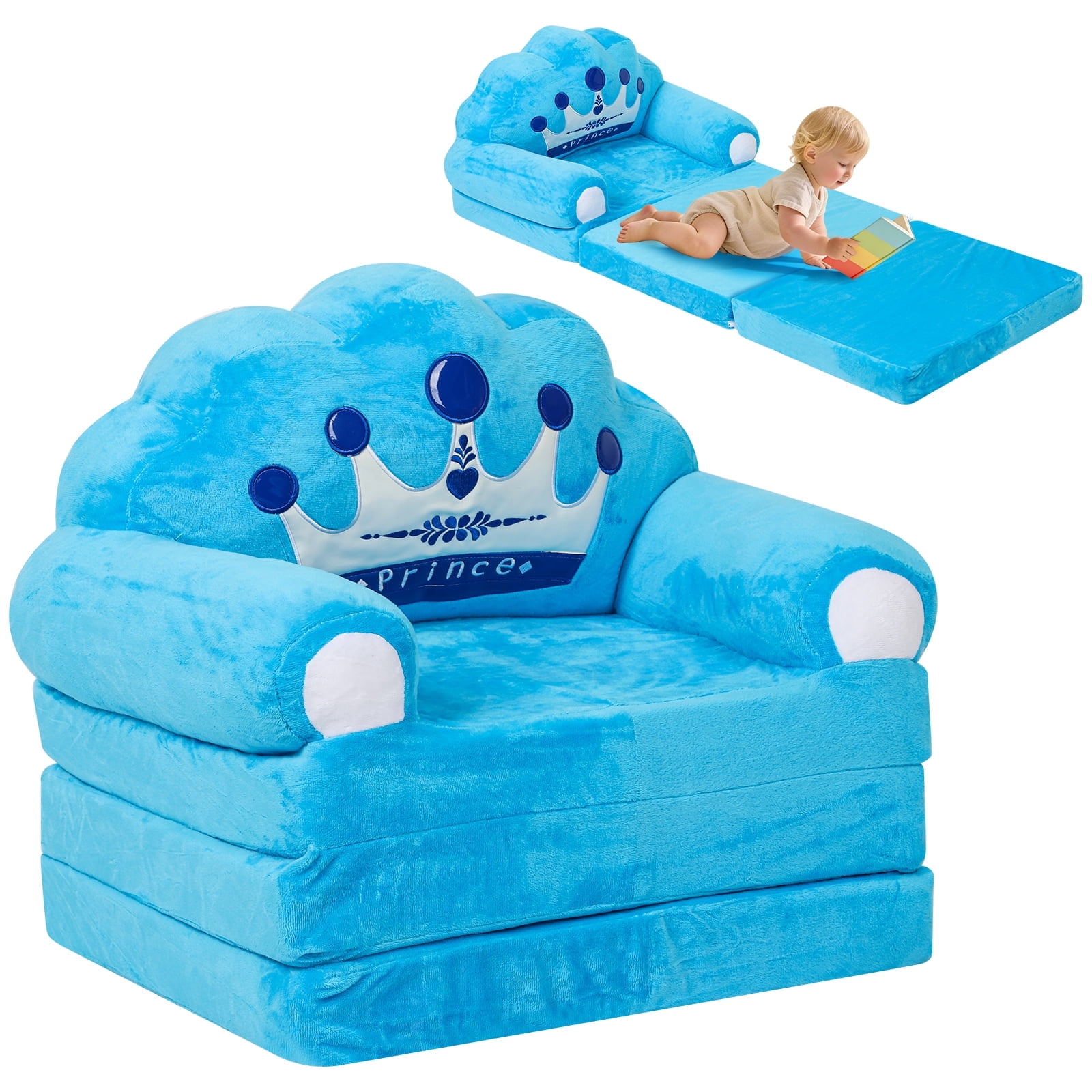 Dznils Toddler Sofa Chair, 2-in-1 Soft Foam Flip Open Kids Couch Lounger Comfy, Ages 1+, Blue Prince