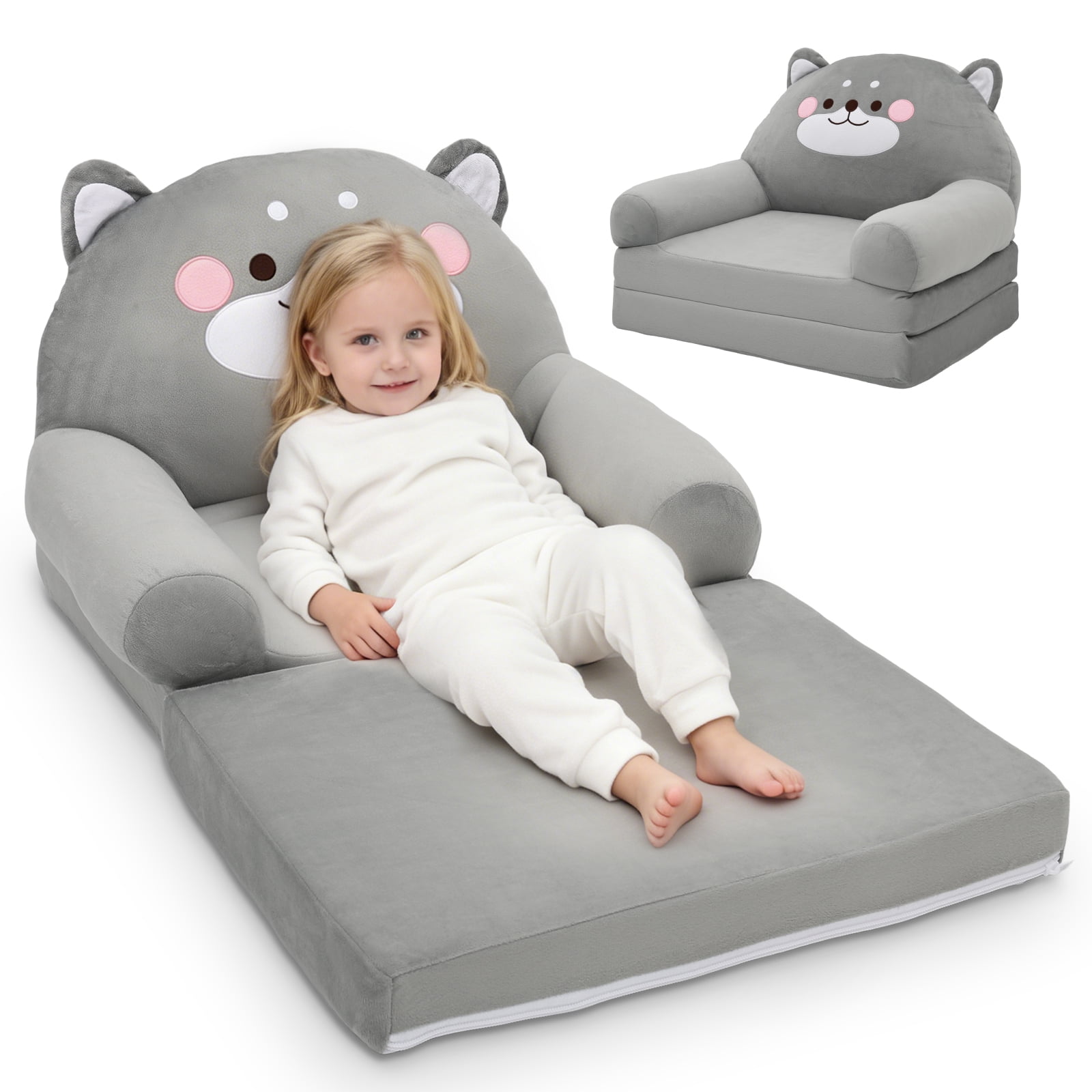 Dznils Toddler Sofa Chair, 2-in-1 Soft Foam Flip Open Kids Couch Lounger Comfy, Ages 1+, Gray Dog