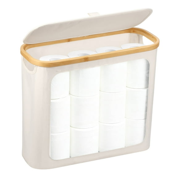 Dznils Toilet Paper Holder with Bamboo Lid for Bathroom Storage, Foldable and Waterproof, Up to 12 Rolls, Beige