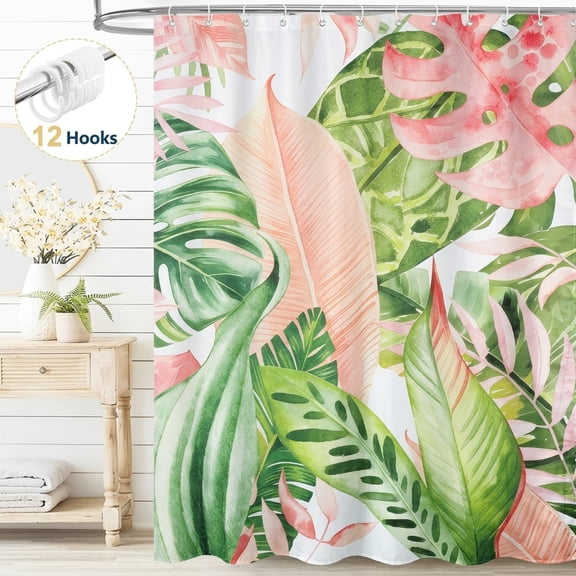 Dznils Tropical Leaf Shower Curtain, Boho Green Palm Leaves Bathroom Shower Curtains, Waterproof Fabric Machine Washable with 12 Hooks, 72" x 72"