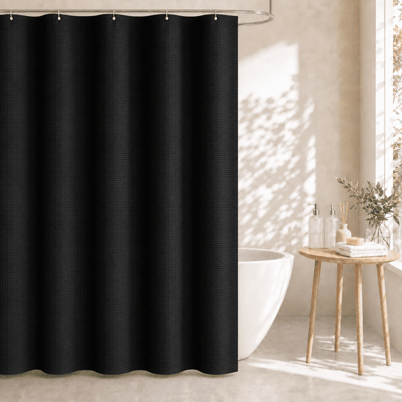 Dznils Waffle Shower Curtain with Hooks, Thick Weighted Fabric Bathroom Curtain, Black, 72" x 72"