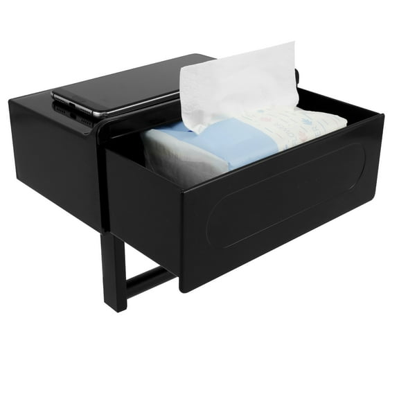 Dznils Wall Mounted Wood Toilet Paper Holder with Shelf and Storage Drawer, Matte Black, 2 Pack