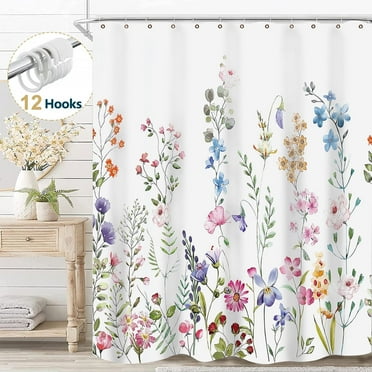 Dznils White Floral Fabric Shower Curtain, Watercolor Bathroom Curtain with Hooks, Pink, 72" x 72"