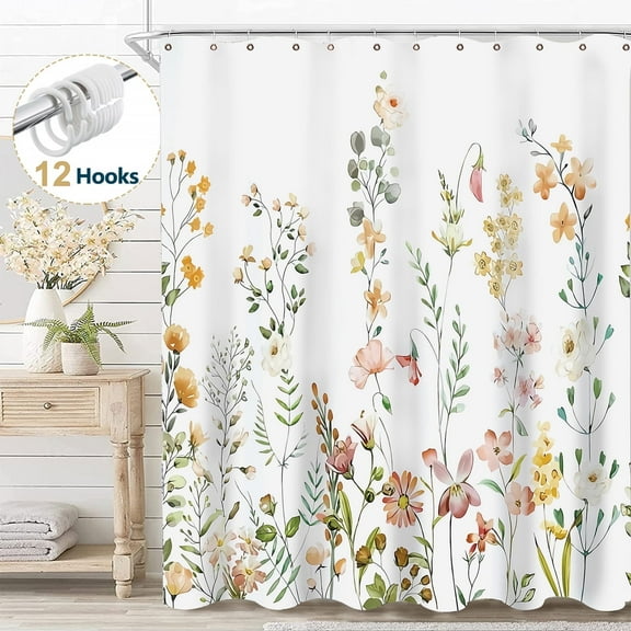 Dznils White Floral Fabric Shower Curtain, Watercolor Bathroom Curtain with Hooks, Yellow, 72" x 72"