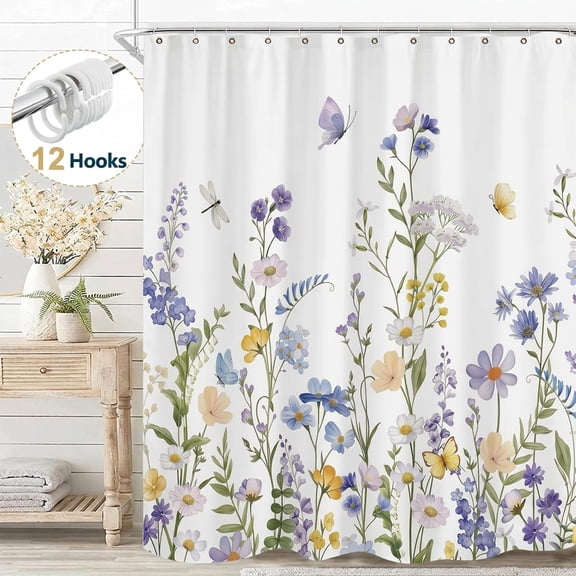 Dznils White Floral Fabric Shower Curtain, Watercolor Floral Bathroom Curtain with Hooks, Purple, 72" x 72"