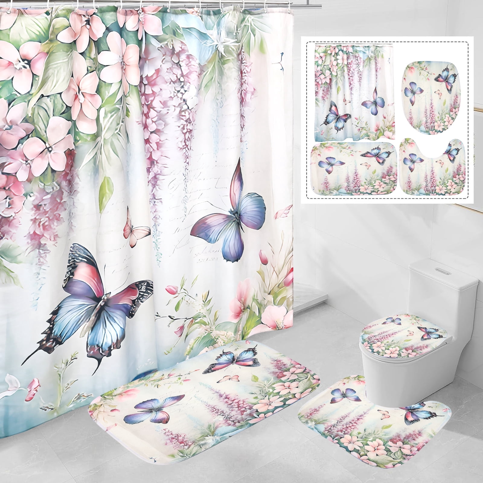 Dznils White Floral Shower Curtain Sets with Rugs, 16pc Butterfly Bathroom Curtain Set, 72" x 72"