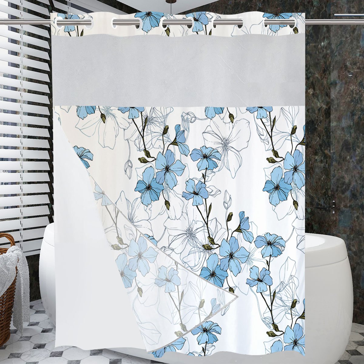 Ikfashoni Hookless Shower Curtain with Snap in Liner, Yellow Floral