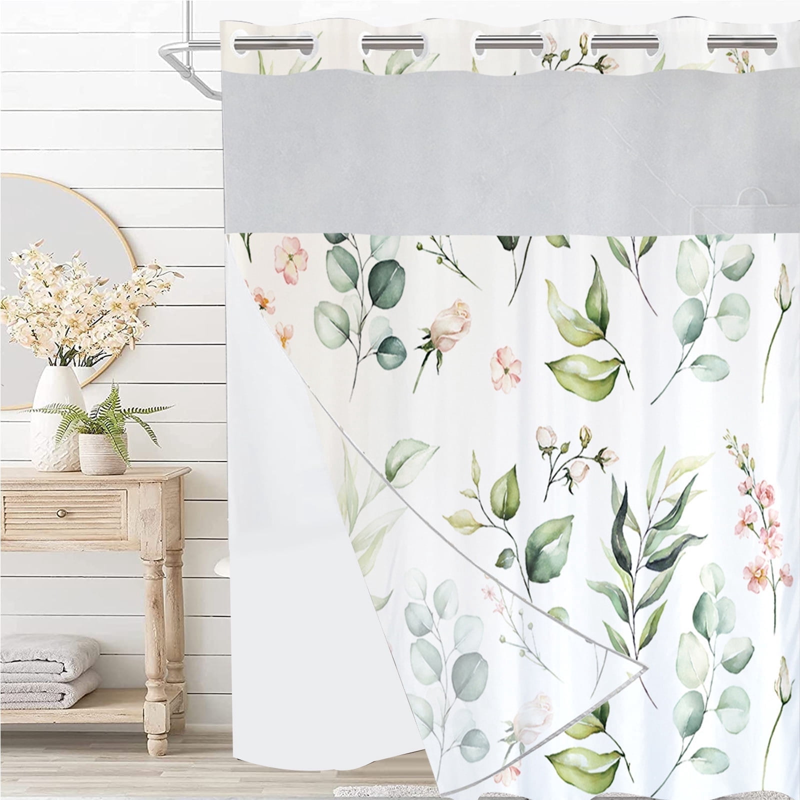 Dznils White No Hook Fabric Shower Curtain with Snap-in Liner, 72" x 74", Green Floral Patterned