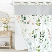 Dznils White No Hook Fabric Shower Curtain with Snap-in Liner, 72" x 74", Green Floral Patterned