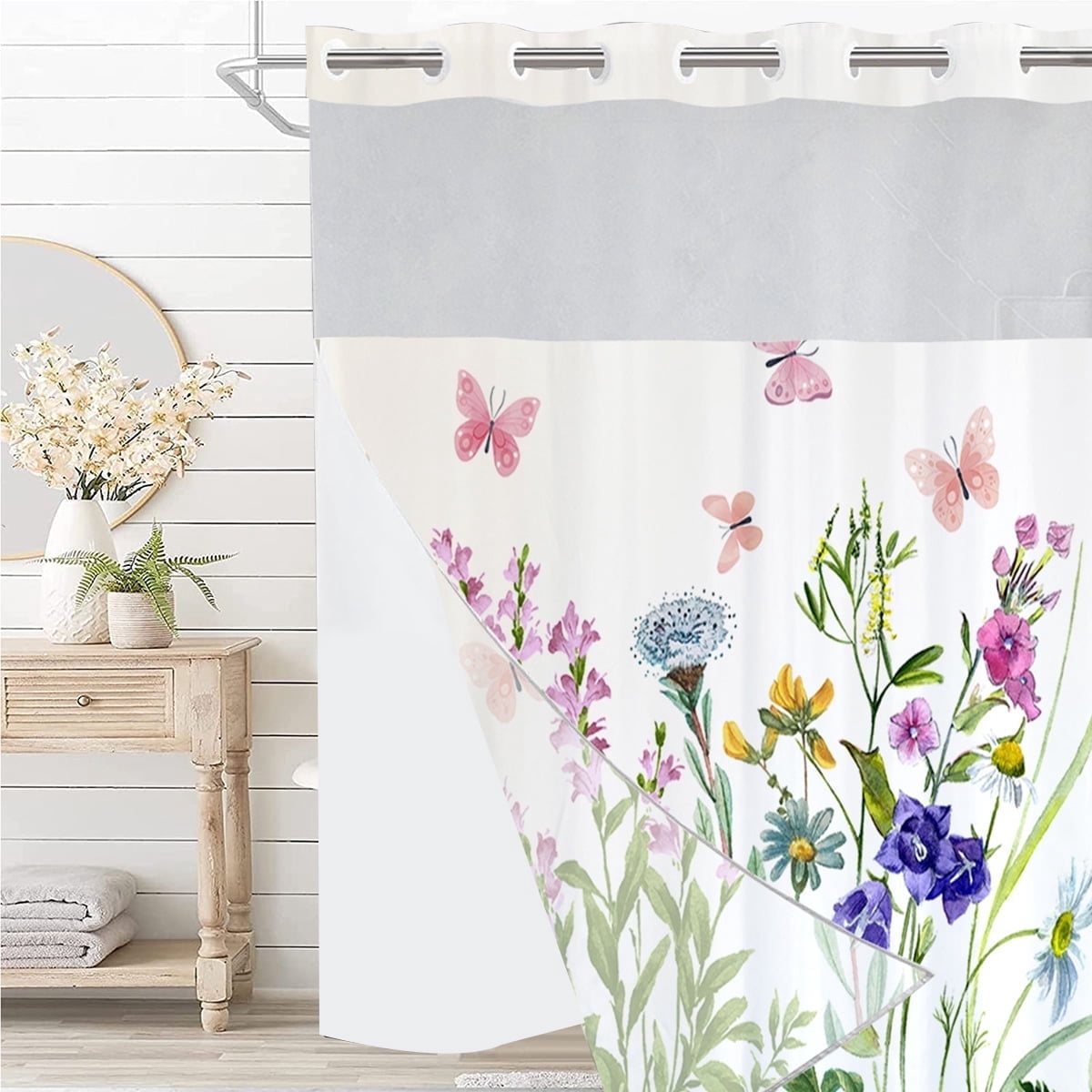Dznils White No Hook Fabric Shower Curtain with Snap-in Liner, 72" x 74", Pink Floral Patterned