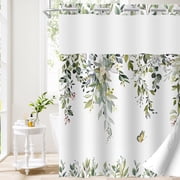 Dznils No Hook Shower Curtain with Snap-in Liner, Green Eucalyptus Fabric Bathroom Curtain, 72 x 74