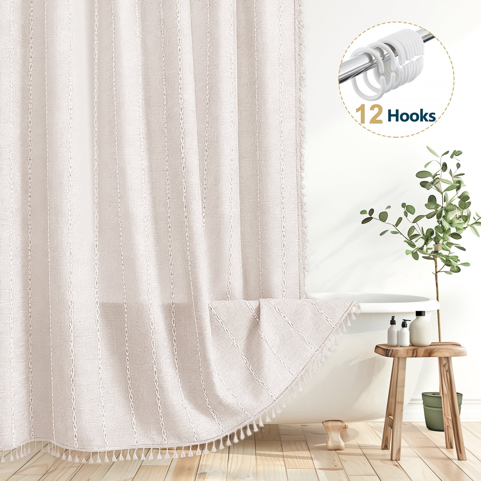 Dznils Boho Tassel Shower Curtain with Hooks, Farmhouse Thick Cloth Linen Fabric Bathroom Curtain, Beige, 72" x 72"
