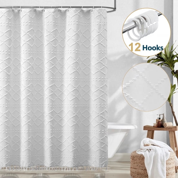 Dznils White Tassel Shower Curtain with Hooks, Boho Tufted Textured Fabric Bathroom Curtain, 72 x 72