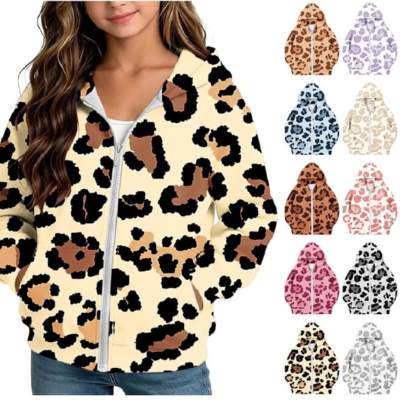 Dzrciro Boys Girls Hoodie Sweatshirts, Leopard Print Long Sleeve Full Zip Up Kids Jacket with Pockets, Casual Outdoor Hoodies Coat, 4-12 Years
