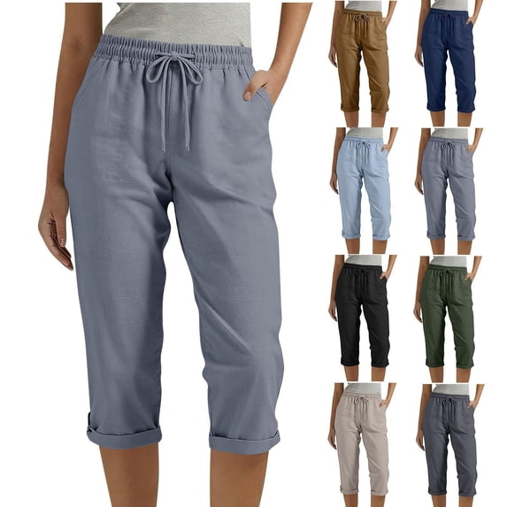 Dzrciro Capri Pants for Women, Plus Size Cotton Linen Drawstring Elastic Waist Trousers with Pockets, Lightweight Dressy Work Pants S-3XL
