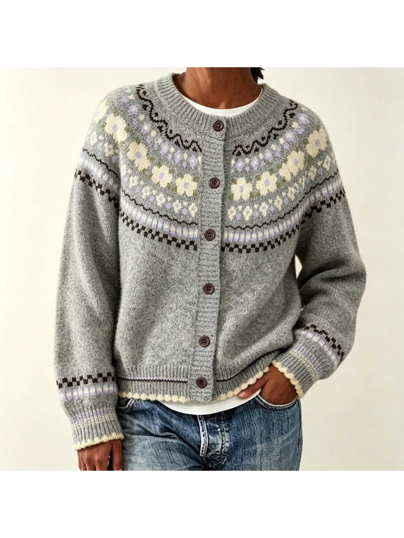 Cardigan Sweaters for Women, Plus Size Fair Isle Long Sleeve Crew Neck Button Knit Open Front Outerwear, Fall Winter Retro Casual Loose Boho Sweaters S-3XL