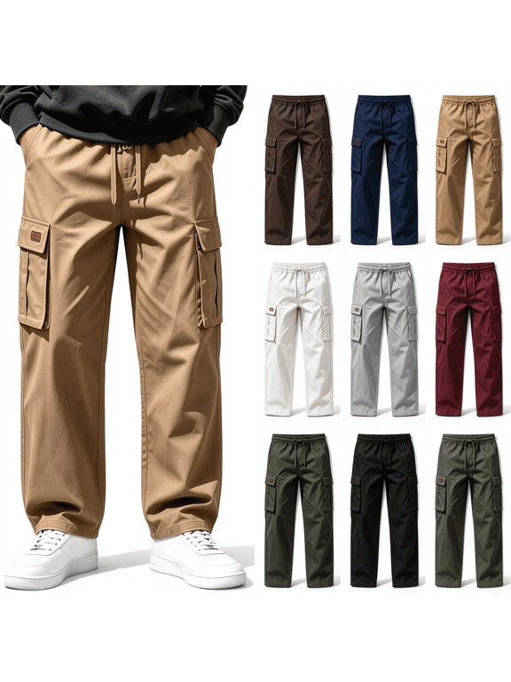 Cargo Pants for Men, Big and Tall Drawstring Elastic Waist Khaki Straight Leg Pants with Multi Pockets, Casual Outddor Hiking Work Pants M-3XL
