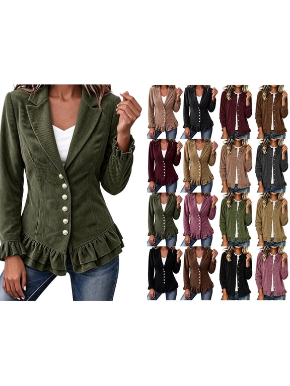 Corduroy Jacket Women, Plus Size Long Sleeve Lapel Button Army Green Blazer Jacket with Ruffle Hem and Lace Cuffs, Elegant Fall Outerwear Jacket XL