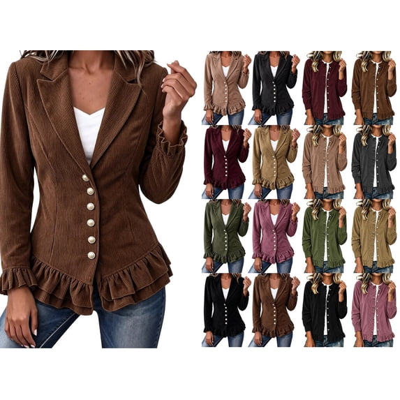 Dzrciro Corduroy Jacket Women, Plus Size Long Sleeve Lapel Button Brown Blazer Jacket with Ruffle Hem and Lace Cuffs, Elegant Fall Outerwear Jacket L
