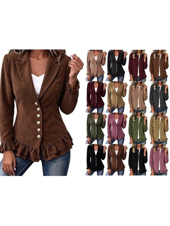 Corduroy Jacket Women, Plus Size Long Sleeve Lapel Button Brown Blazer Jacket with Ruffle Hem and Lace Cuffs, Elegant Fall Outerwear Jacket L