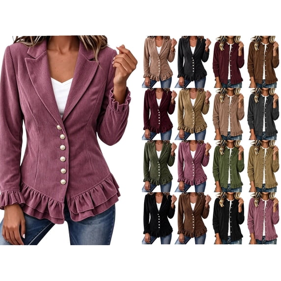 Dzrciro Corduroy Jacket Women, Plus Size Long Sleeve Lapel Button Pink Blazer Jacket with Ruffle Hem and Lace Cuffs, Elegant Fall Outerwear Jacket 3XL