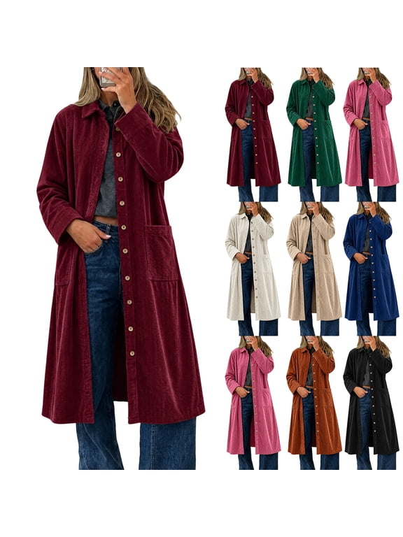 Corduroy Jacket for Women, Long Sleeve Lapel Button Down Longline Duster Coat with Side Pockets, Elegant Fall Outerwear Jacket S-2XL