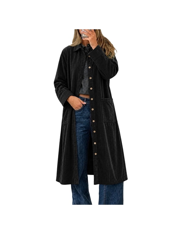 Corduroy Jacket for Women, Long Sleeve Lapel Button Down Longline Duster Coat with Side Pockets, Elegant Fall Outerwear Jacket S-2XL