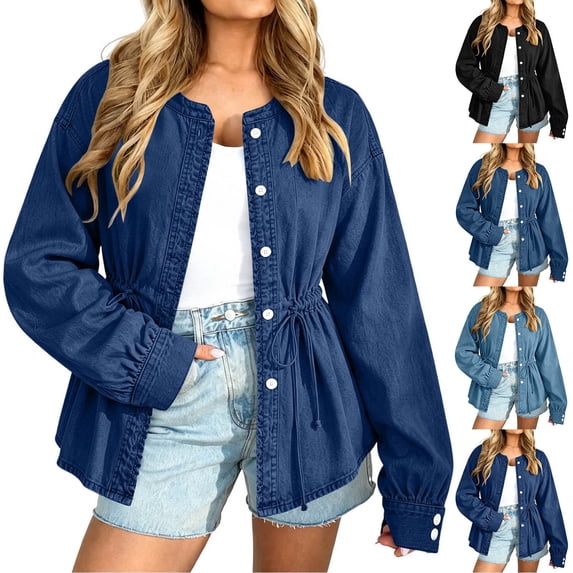 Dzrciro Demin Jacket for Women, Long Sleeve Round Neck Drawsting Wasit Button Cinching Lace Jean Coat, Casual Relaxed Demin Outerwear S‑2XL