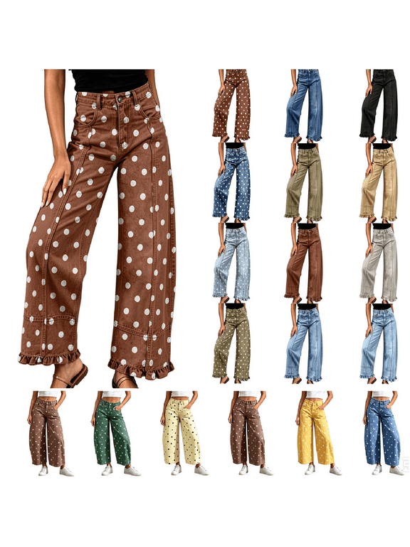 Demin Pants for Women, Polka Dot High Waist Wide Leg Jeans with Pockets, Casual Loose Vacation Beach Trousers S-XL