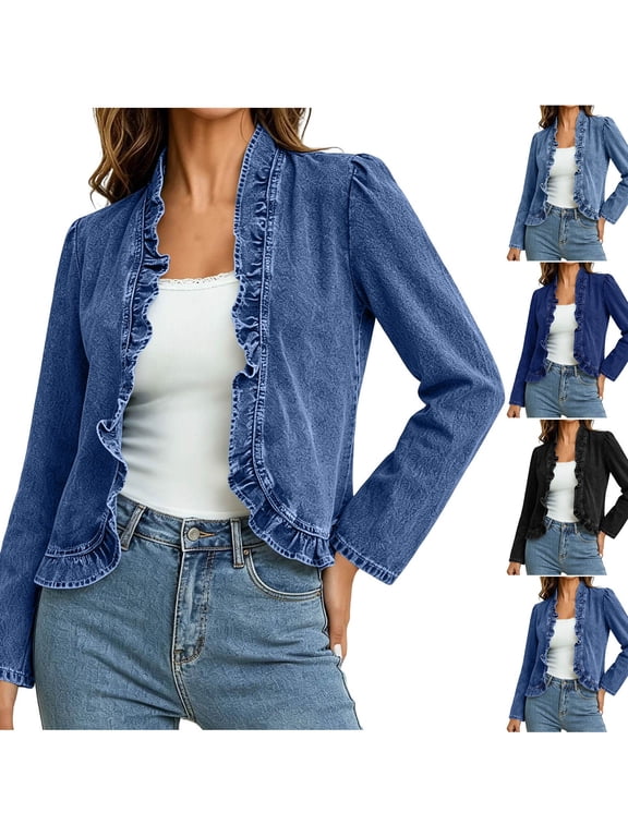 Denim Jacket for Women, Long Sleeve Open Front Cardigan with Frill Trim, Casual Beach Vacation Tops S-2XL