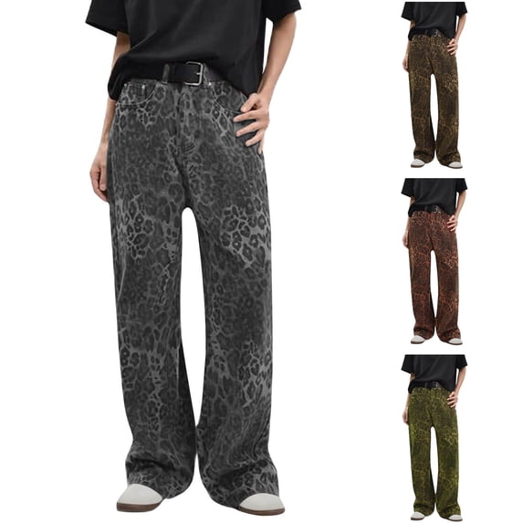 Dzrciro Denim Pants for Women, Mid Rise Full Length Leopard Printed Jeans with Pockets, Soft Y2k Vintage Streetwear Jeans S-2XL