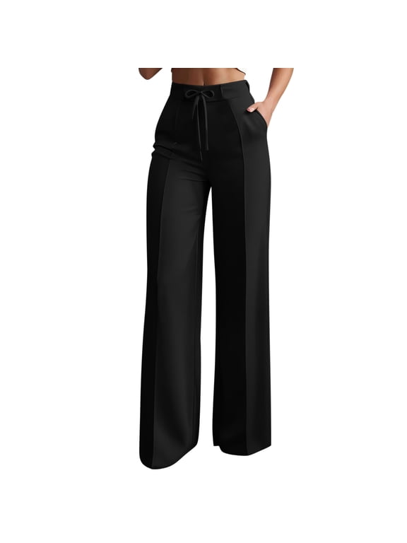 Dress Pants for Women, Drawstring Bow Tie High Waist Wide Leg Pleated Pants with Pockets, Stretchy Business Work Pants S-3XL