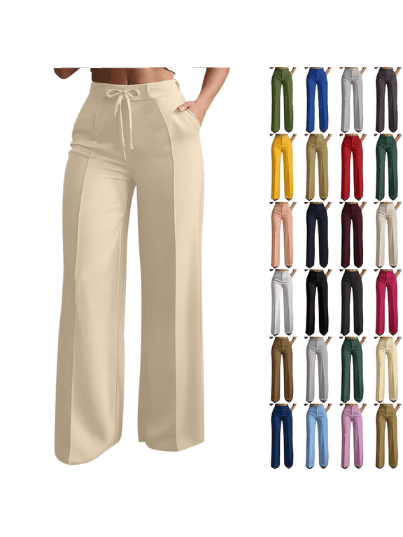 Dress Pants for Women, Drawstring Bow Tie High Waist Wide Leg Pleated Pants with Pockets, Stretchy Business Work Pants S-3XL